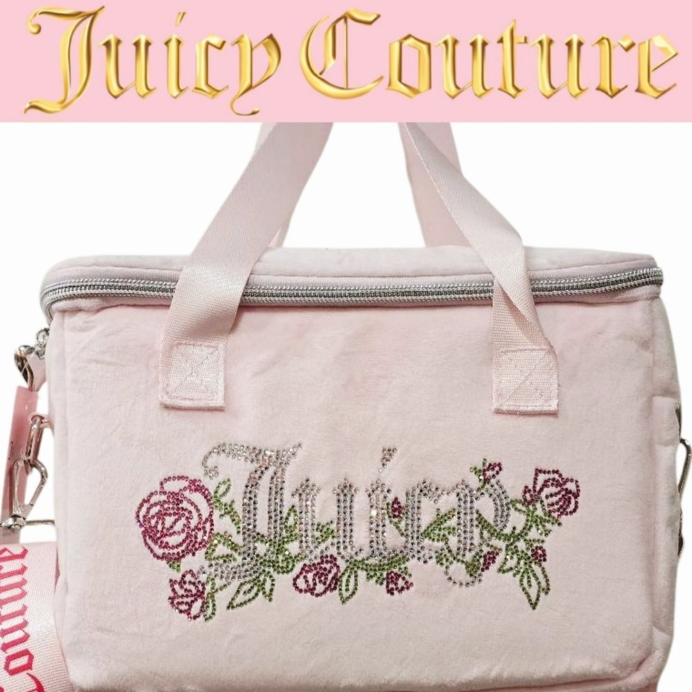 Juicy Couture Rhinestone Logo Roses‎ Velour Insulated Lunch Tote Bag